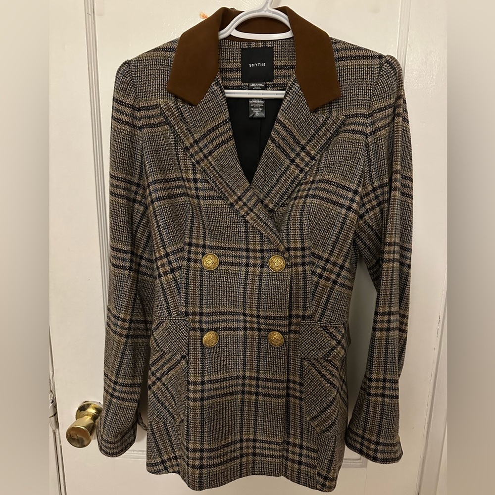 Smythe Brown Plaid Blazer with Gold Buttons